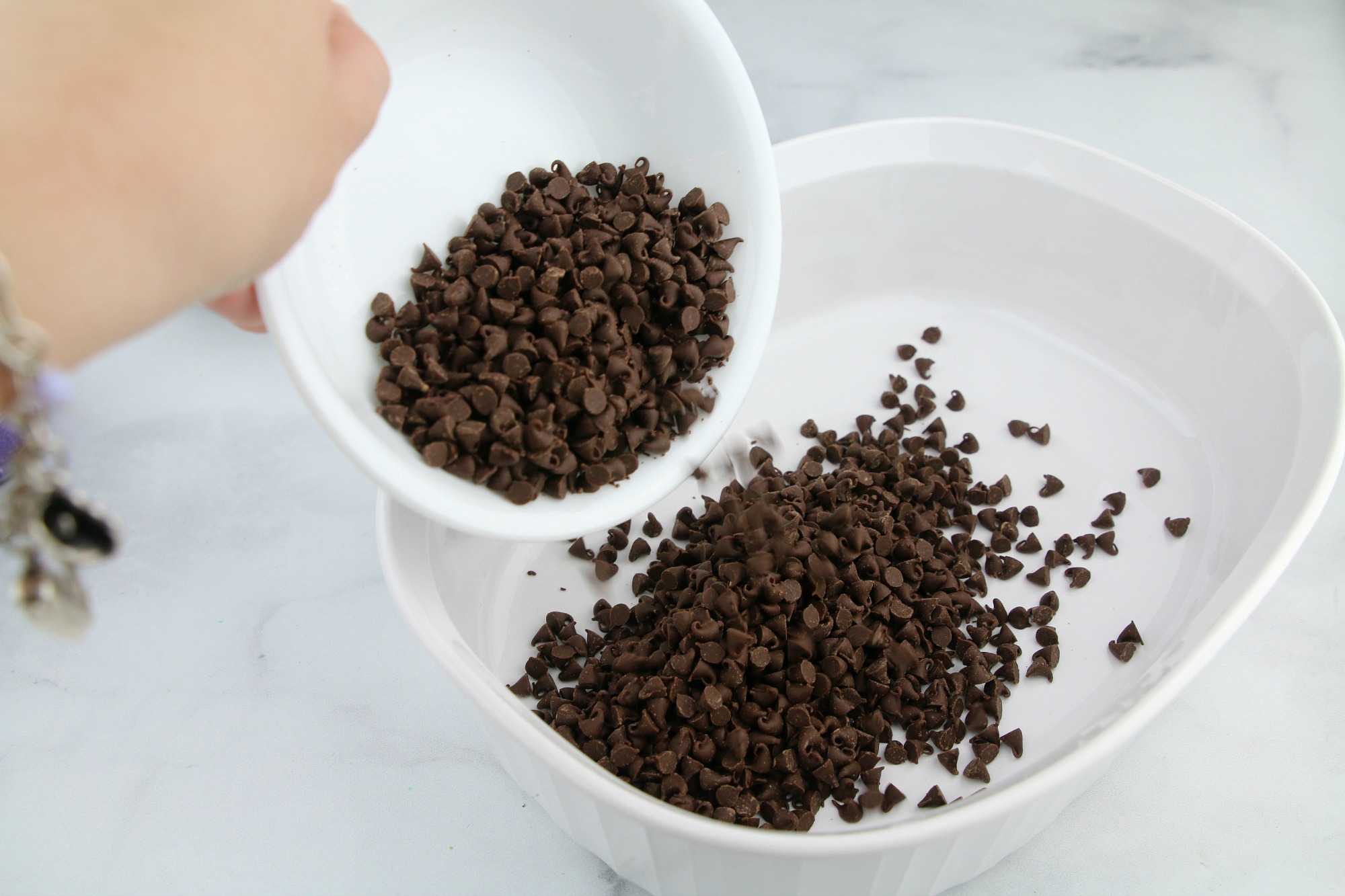 pour chocolate chips in baking dish